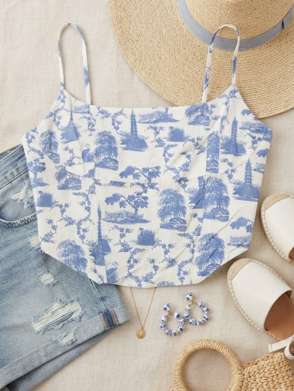 Midnight Sky White Blue Toile Print Crop Top
